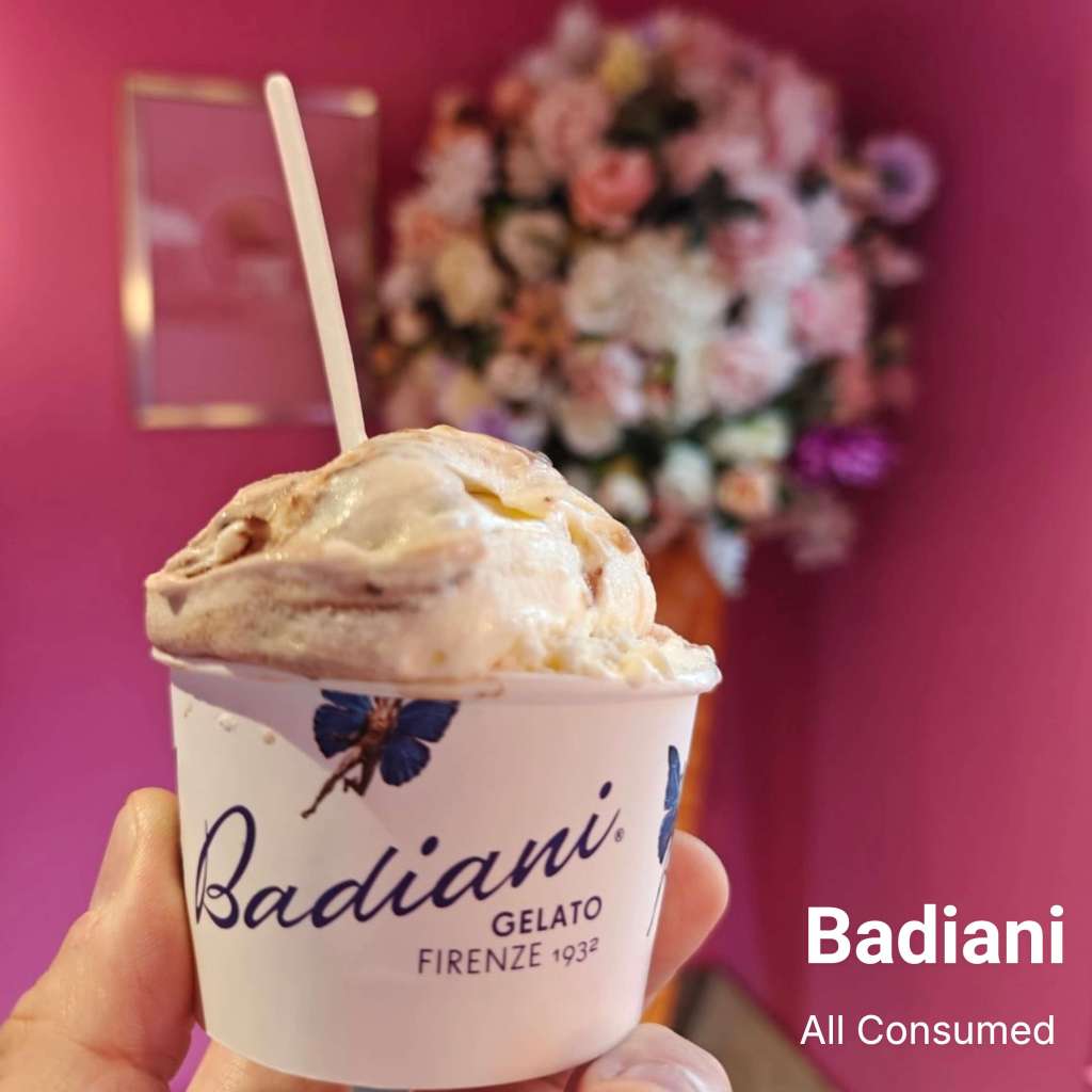 A close-up of a cup of Badiani gelato held by a hand, with a floral backdrop and pink wall in the background.